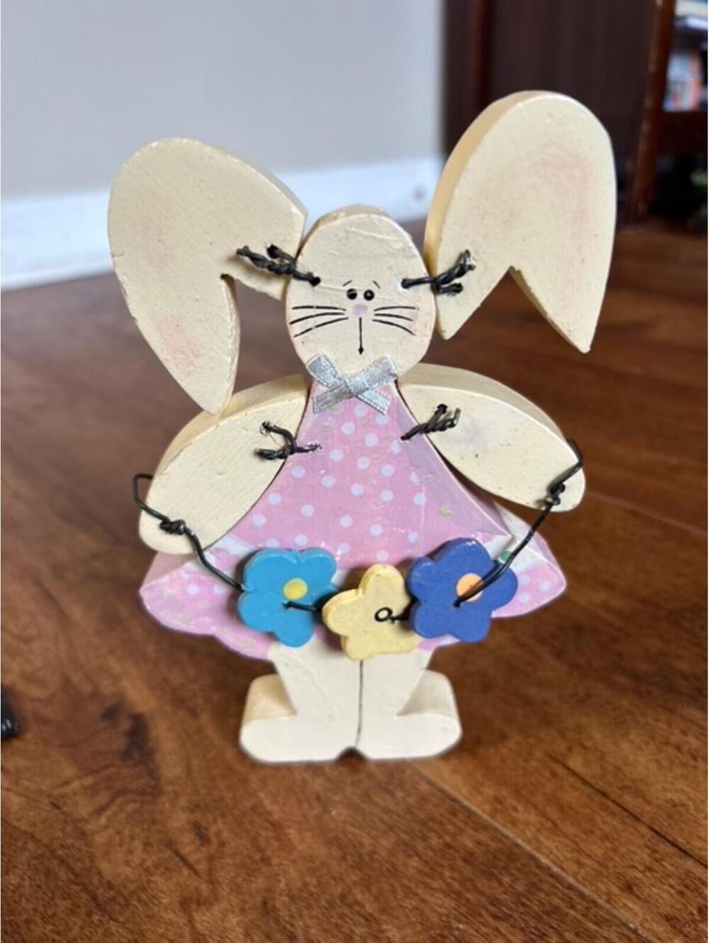 Handcrafted Wooden Bunny Figurine with Floral Decoration